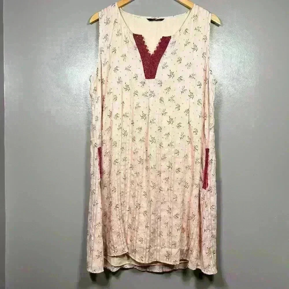 YAK & YETI Sleeveless Long Tunic Top Pink Floral V Neck Pockets Lace Women XL